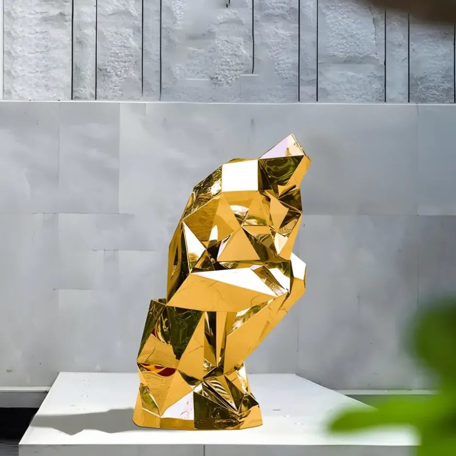 Statues & Sculptures Floor Standing|Low Poly^The Thinker 130cm Gold Geometric Metal Garden Sculpture